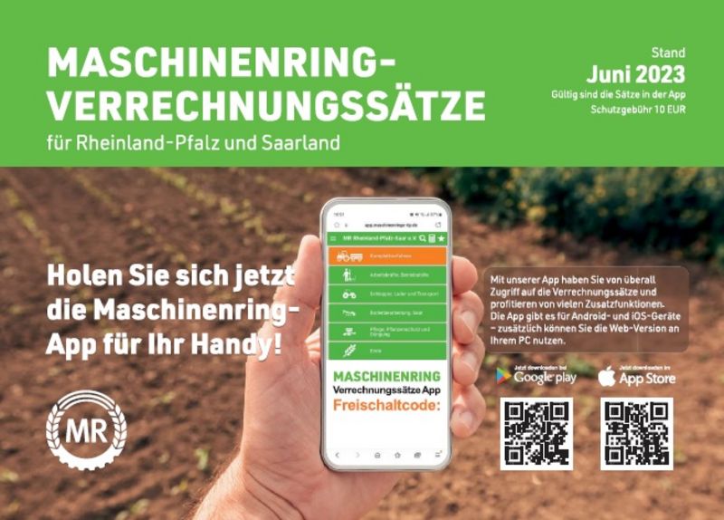 Maschinenring-Verrechnungssätze Rheinland-Pfalz und Saarland Titelbild der Maschinenring-Verrechnungssätze für Rheinland-Pfalz und Saarland mit Smartphone und Hinweis auf die Maschinenring-App.